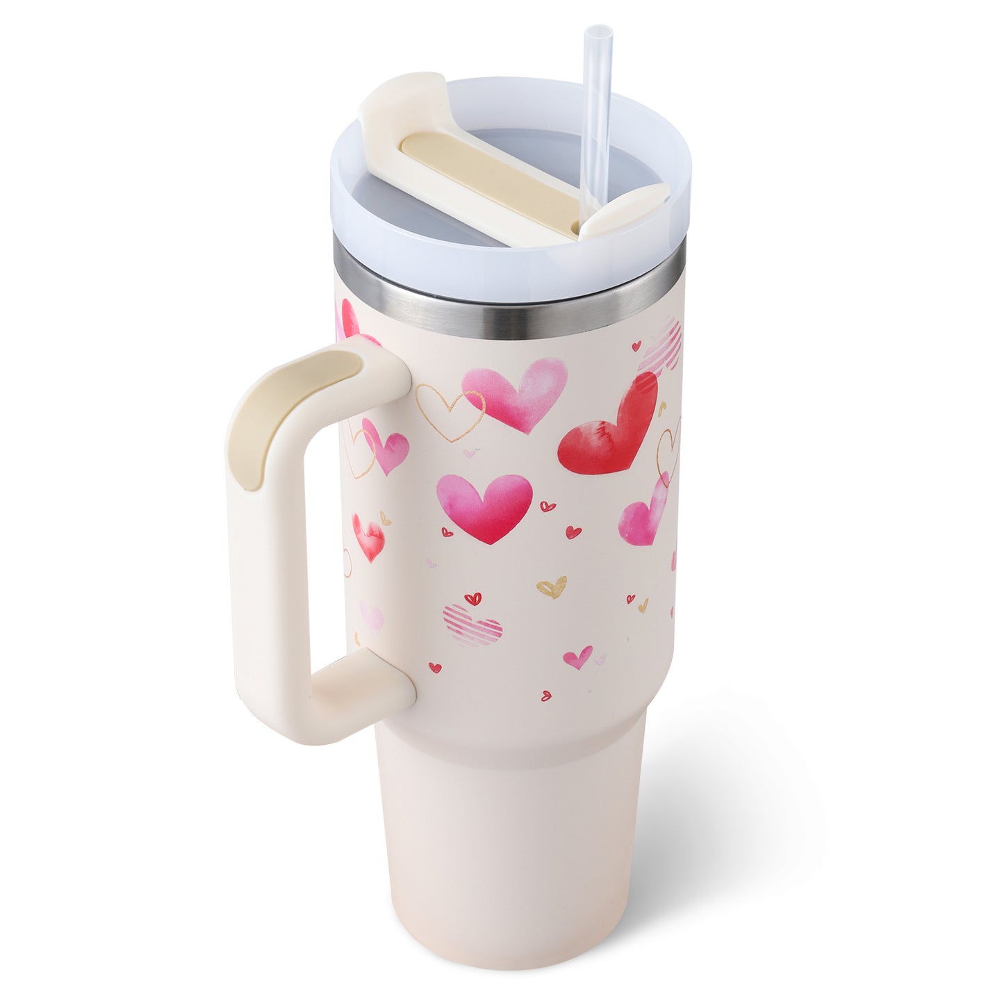 40-oz-Becher mit Griff, Strohhalm, isoliert, auslaufsicherer Vakuum-Kaffeebecher aus Edelstahl mit Deckel, konischer Becher, Geschenke für Valentinstagsliebhaber, geeignet für Auto, Fitnessstudio, Büro, Reisen