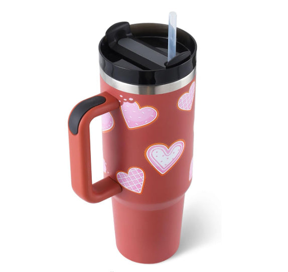 40-oz-Becher mit Griff, Strohhalm, isoliert, auslaufsicherer Vakuum-Kaffeebecher aus Edelstahl mit Deckel, konischer Becher, Geschenke für Valentinstagsliebhaber, geeignet für Auto, Fitnessstudio, Büro, Reisen