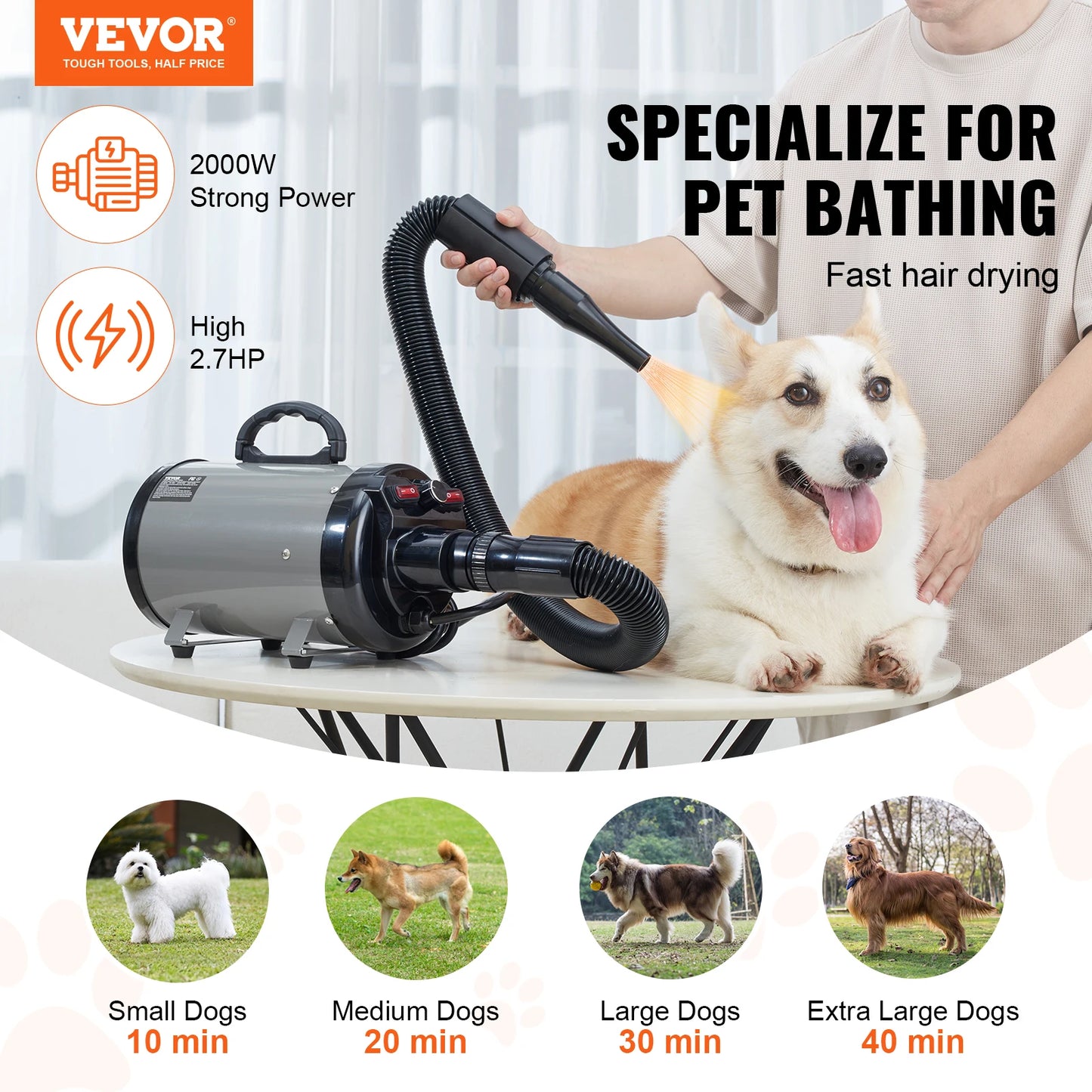 VEVOR 2000W/2.7HP Dog Blow Dryer Adjustable Speed Temperature Control with 4 Nozzles and Extendable Hose for Pet Hair Grooming