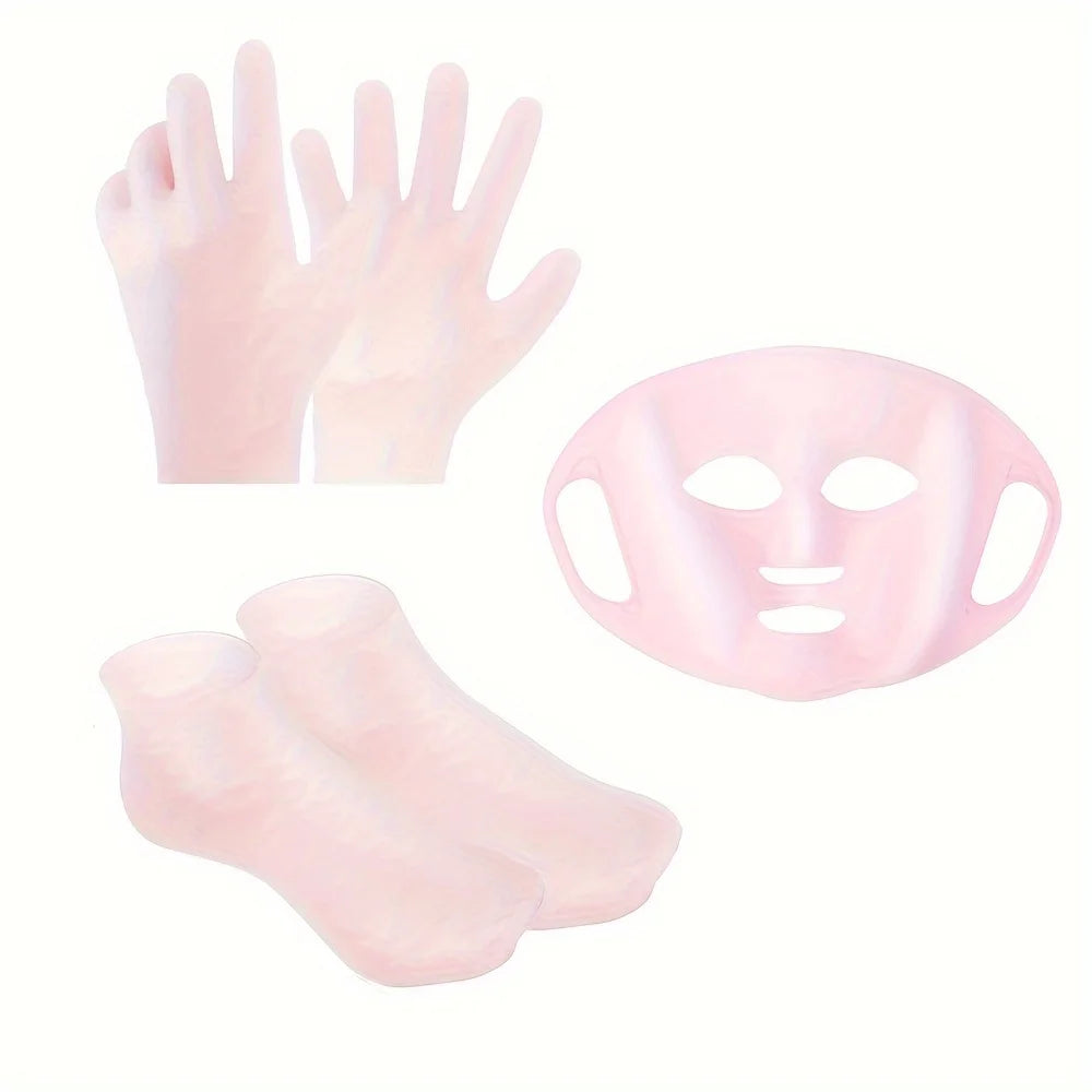 Silicone Skin Care 3-Piece Set - Reusable Moisturizing Mask Set, Gloves, Socks - For Face, Hands and Feet Dry, Cracked Skin, Set