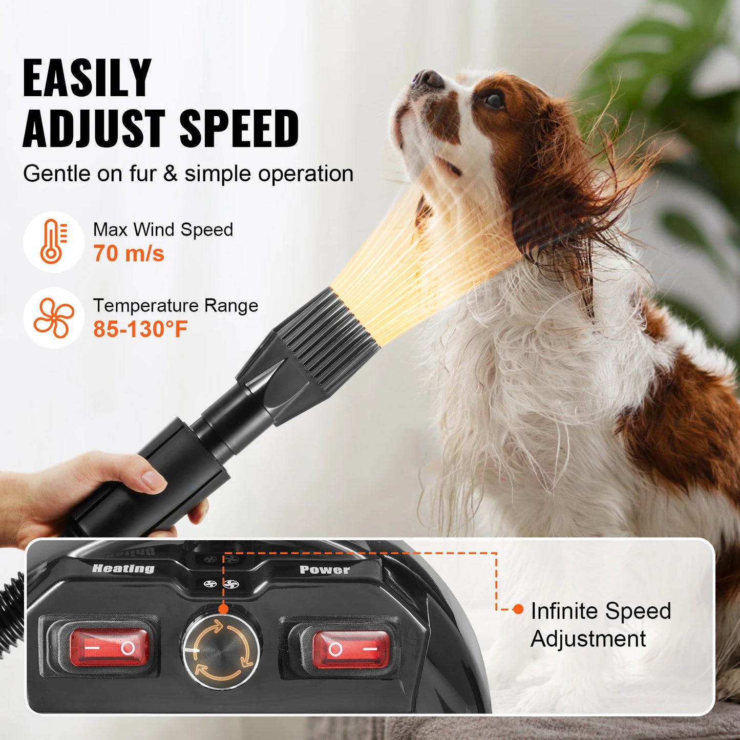 VEVOR 2000W/2.7HP Dog Blow Dryer Adjustable Speed Temperature Control with 4 Nozzles and Extendable Hose for Pet Hair Grooming